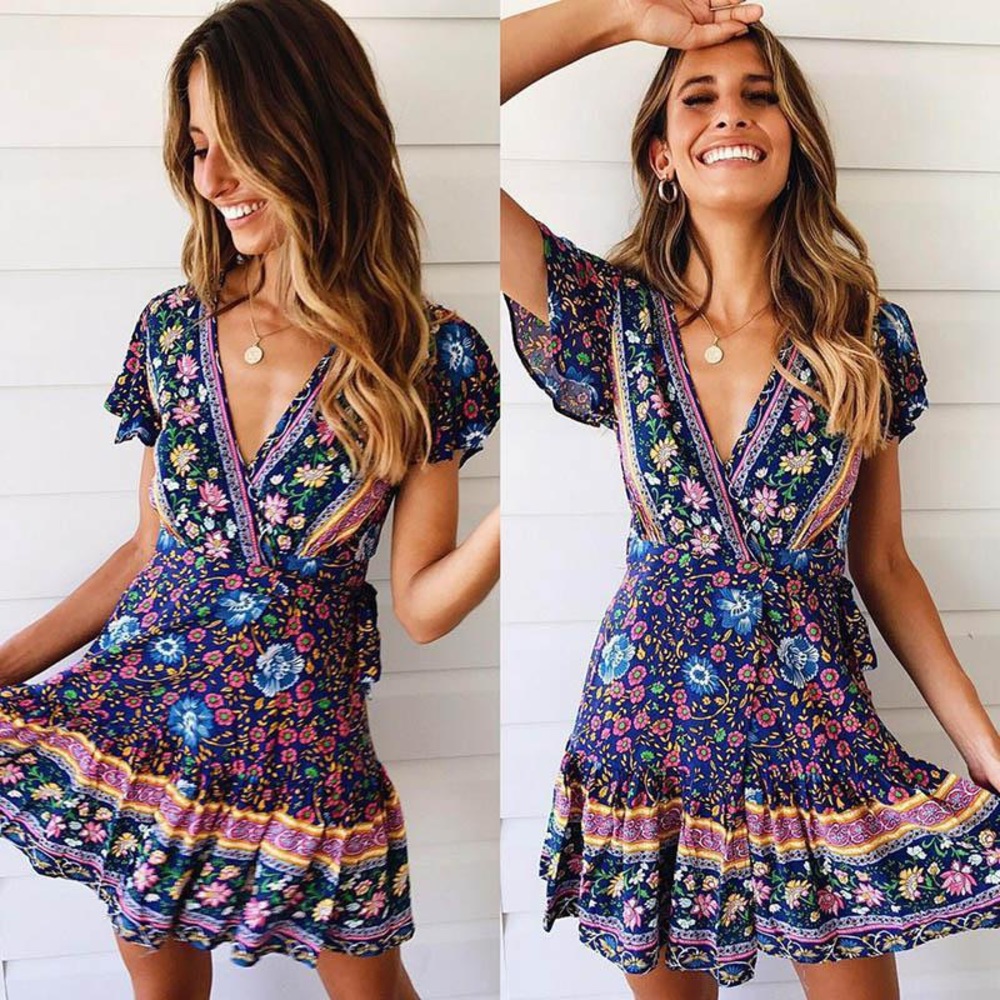 Boho Print Floral Wrap Dress